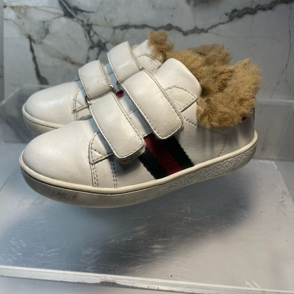 GUCCI Youth sz 14 INCHES 7 ace fur lined White leather snearker made in italy - Picture 2 of 16